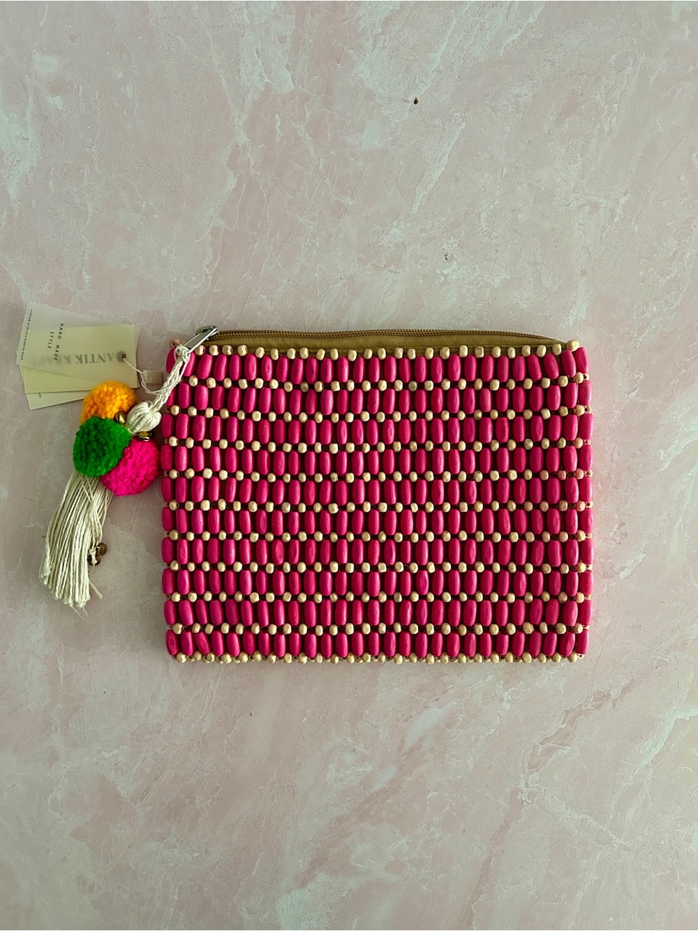 Beaded Clutch with Pom Tassel